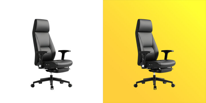 Black leather office chair with adjustable armrests and wheels, isolated on a white background, representing furniture for work and study spaces