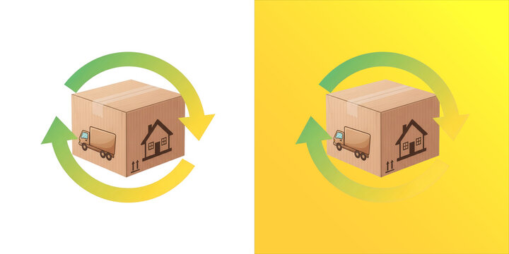 Cardboard delivery box with a house and truck, surrounded by a circular green and yellow arrow, isolated on a white background, for logistics