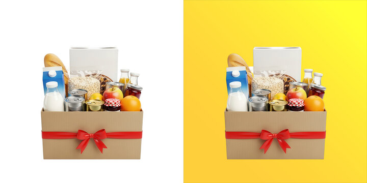 Cardboard gift box filled with various groceries and food tied with a red ribbon, isolated on a white background, donation or gift set