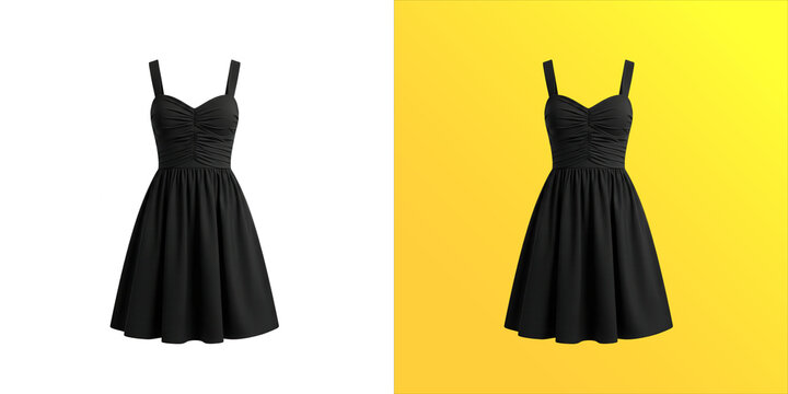 Classic black sleeveless dress with a flared skirt and sweetheart neckline, isolated on a white background, simple and fashion apparel