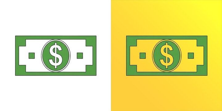 Rectangular green paper banknote with a central dollar sign symbol, isolated on a white background, financial concept for money and currency