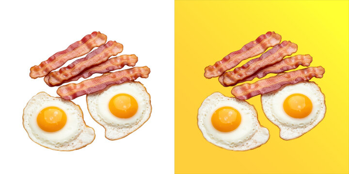 Crispy fried bacon strips and two sunny side up eggs, classic breakfast meal, isolated on a white background, food for menu