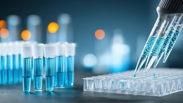 Scientist using a pipette to add blue liquid samples into test tubes in a laboratory, concept of scientific research and medical testing