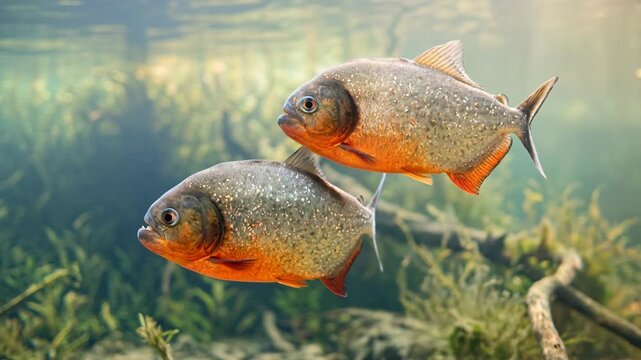 two piranhas swimming underwater in morning light in the amazon river basin video