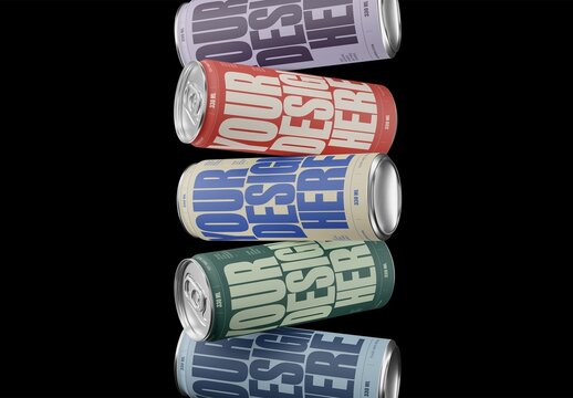Floating Stack Slim Drink Can Mockup For Branding And Packaging Design