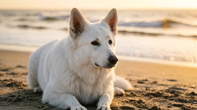 berger blanc suisse dog close up on the beach at golden light in huntington beach california video