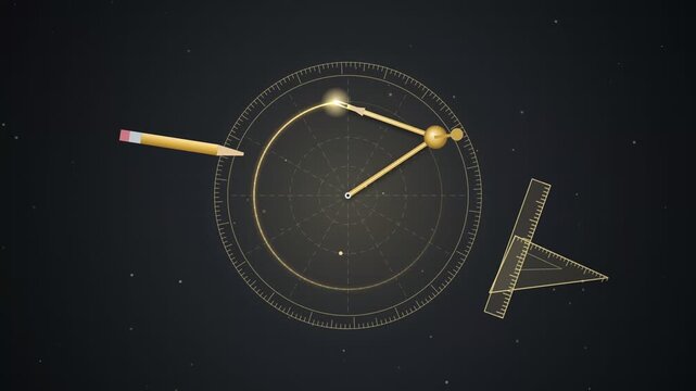 Animated gold compass drawing a glowing circle on dark background