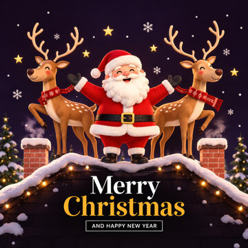 Merry Christmas and Happy New Year greeting poster featuring Santa Claus standing on a snowy rooftop between two cheerful reindeer, with golden stars, festive lights and a dark winter sky