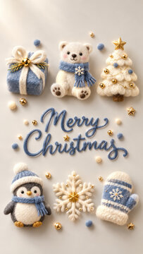 Merry Christmas greeting card featuring cute white teddy bear, penguin, decorated Christmas tree, wrapped gift, knitted mitten and festive snowflake in soft blue and gold on a cream background