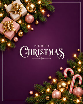 Merry Christmas luxury greeting card featuring elegant white typography, golden gift boxes, sparkling baubles, candy canes and evergreen branches on a rich purple background with festive lights