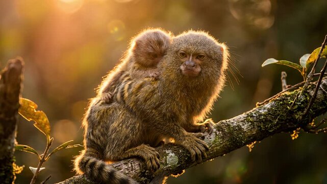 pygmy marmoset carrying its baby close up at sunset light in the amazon rainforest video