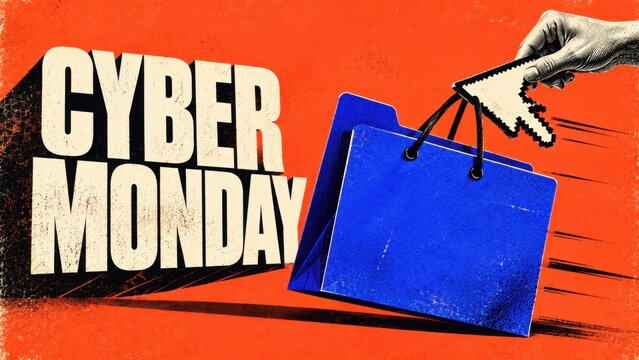 Cyber Monday Sale Poster With Blue Shopping Bags And Cursor