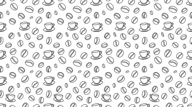 Seamless pattern with hand drawn coffee beans and cups on white background black line art doodle illustration for cafe packaging fabric design