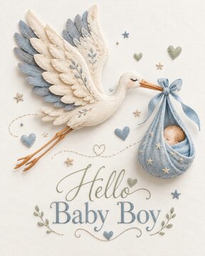 Hello Baby Boy Stork Delivery with Blue Fabric Nursery Illustration