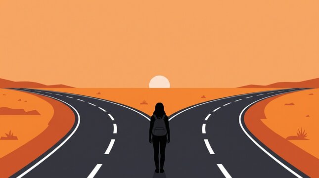 A clean and minimalist flat vector illustration of a woman with a black silhouette standing at the point where the road splits into two.