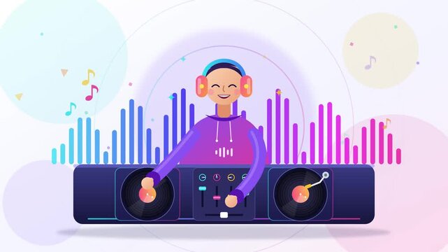 DJ Wearing Headphones Mixing Music on Turntable Console