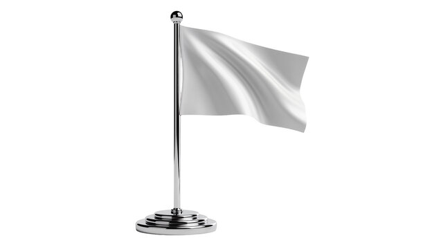 Shiny silver desk flag on chrome pole with circular base, isolated on transparent background