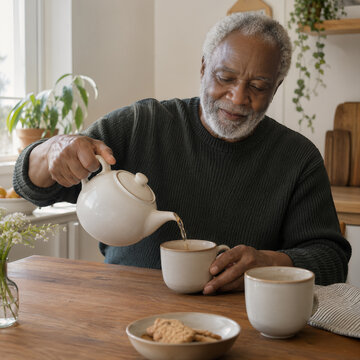 Homme senior versant du th&eacute; dans une tasse &agrave; la maison
