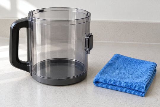 Detached vacuum dust container beside a plain cleaning cloth