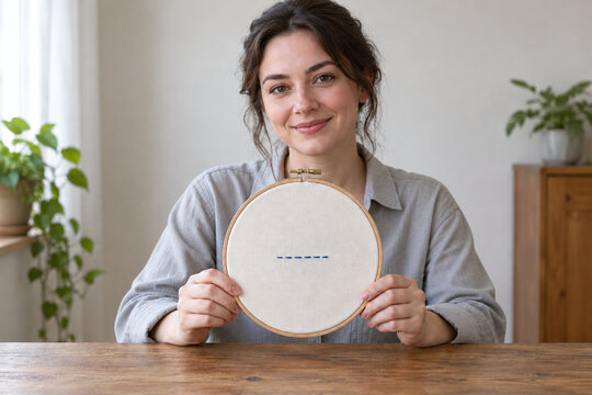 Embroiderer holding a hoop with taut fabric in a small studio