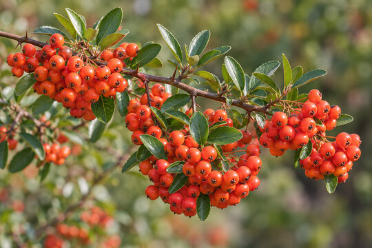 Pyracantha branch with orange red berries and green leaves