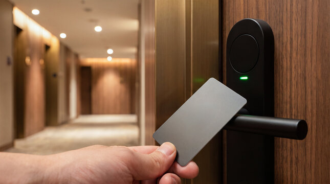 Male hand holding electronic rfid keycard to unlock digital smart door lock showing green light in hotel corridor hallway entrance