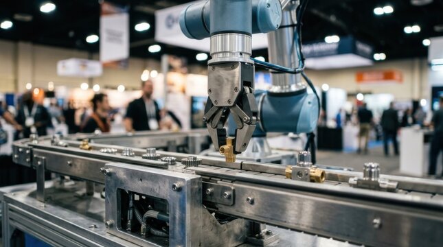 Robotic pick and place arm sorting small machined parts on a conveyor at an industrial automation exhibit, concept of smart factory innovation and manufacturing technology