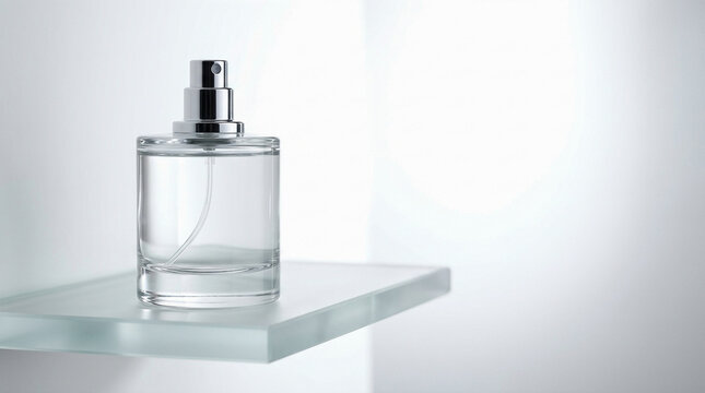clear glass perfume fragrance bottle with silver metallic spray nozzle dispenser standing on frosted glass bathroom shelf against plain bright wall