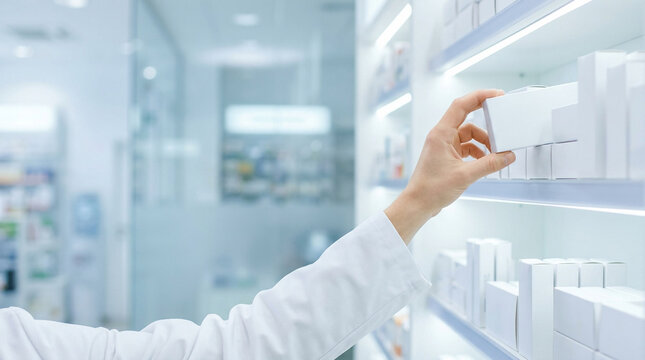 pharmacist hand wearing white medical lab coat reaching for blank cardboard medicine pill box on illuminated pharmacy retail store shelf