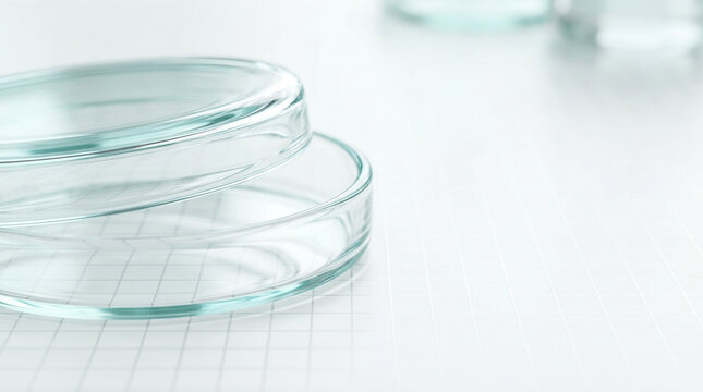 transparent glass petri dishes stacked together on scientific millimeter grid paper desk inside modern biology chemistry laboratory research facility room