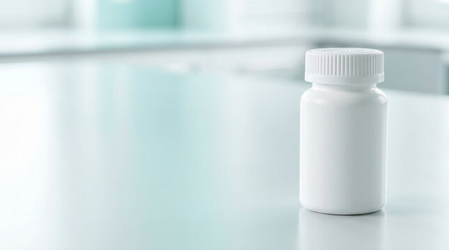 blank white plastic pill bottle medicine container with ribbed screw cap standing upright on clean clinic laboratory counter desk table