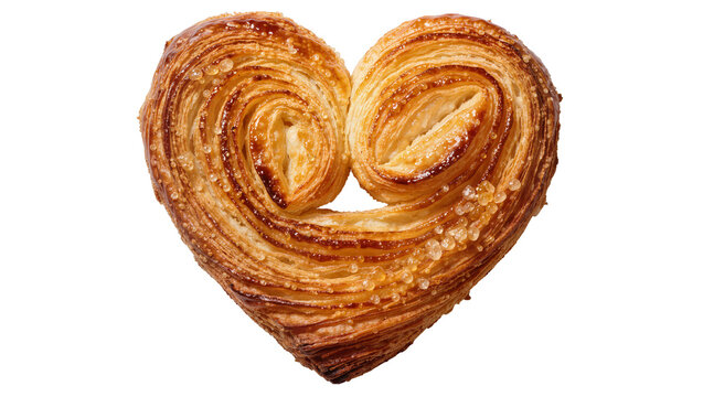 Golden heart-shaped palmiers pastry with caramelized sugar, isolated on transparent background