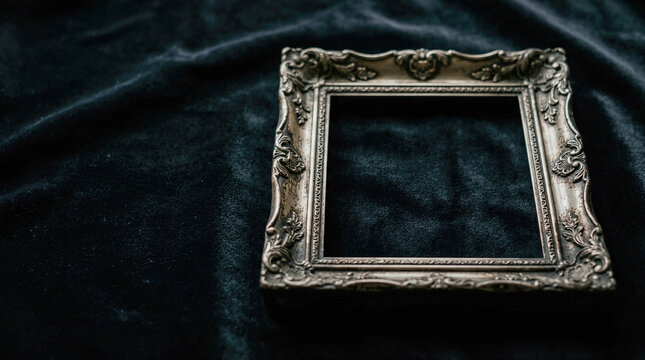 Vintage ornate empty picture frame lying on black velvet fabric background for funeral obituary memorial condolence remembrance death mourning portrait loss