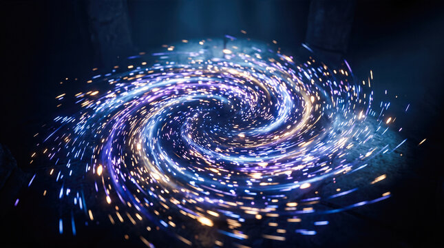 Spinning purple blue golden magic spell sparks forming rapid circular vortex hovering just above ancient cobblestone floor inside dark medieval dungeon