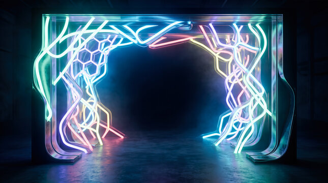 futuristic neon portal frame standing inside dark studio with colorful glowing curved tubes forming decorative architectural archway gateway entrance illuminated render