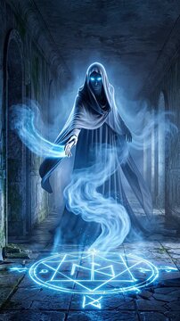 Summoning phantom forces through forbidden arcane rituals in an ancient ruined sanctuary. Vertical video with subtle tilt up.