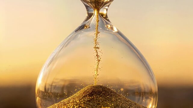 Fleeting moments slip away as golden sand falls through a glass hourglass against sunset. Lockdown shot captures inexorable passage of time.