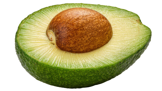 Half avocado with large brown seed showing green skin and creamy flesh, isolated on transparent background