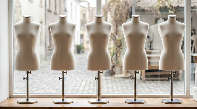 Elegant display of five mannequin busts arranged in a row on a wooden surface in front of a large window showcasing an outdoor