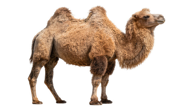 Bactrian camel with two humps standing, isolated on transparent background