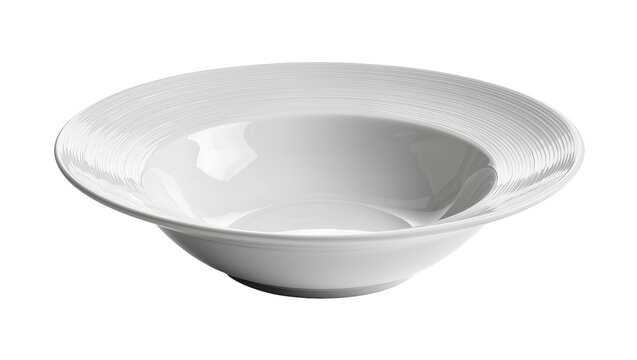 White ceramic pasta bowl with concentric ribbed rim, isolated on transparent background