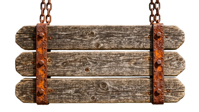 Rustic wooden sign with rusty metal bands and chains, isolated on transparent background
