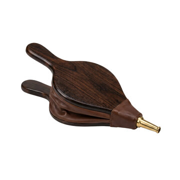 Wooden fireplace bellows with leather sides and a brass nozzle