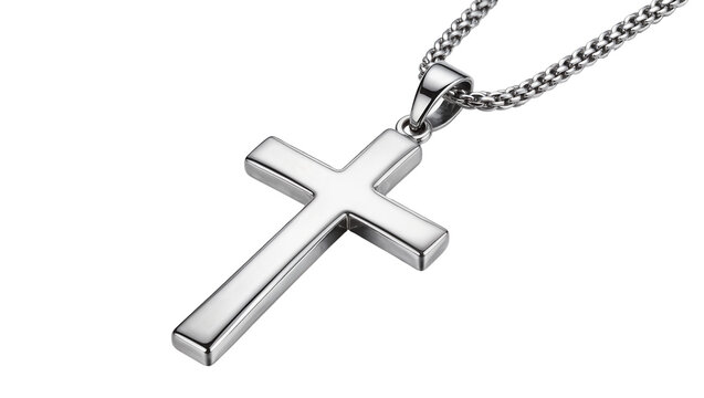 Polished silver cross pendant on a franco chain necklace, isolated on transparent background