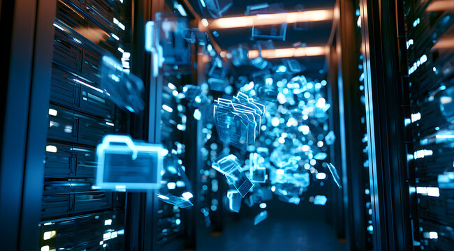 Shining digital files and folders streaming through an advanced server area, representing safe data handling and cloud storage options.