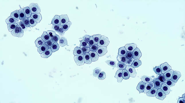 high magnification of clustered epithelial cells with prominent nuclei under microscope for biological study