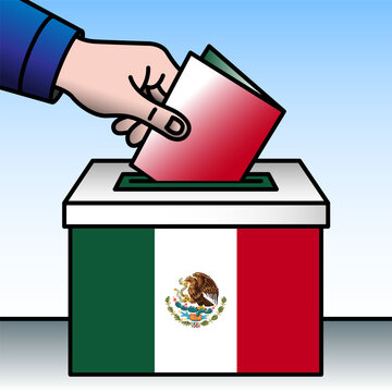 Mexico, ballot box, flag and hand inserting a ballot paper into a ballot box, vector illustration