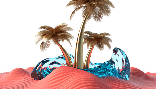 Abstract 3D render of golden palm trees on pink beach with turquoise waves isolated on white.
