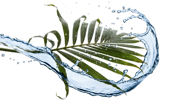 Dynamic Blue Water Splash Swirling Around a Green Tropical Palm Leaf Isolated on White Background
