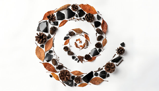 Spiral Arrangement of Dried Autumn Leaves, Pinecones, and Obsidian Stones on White Background
